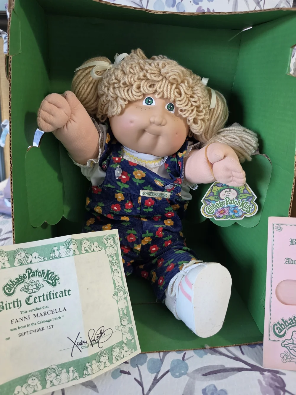 Cabbage Patch Kids 1980s Blonde Curly Hair, Flower Overalls Doll in Original Box